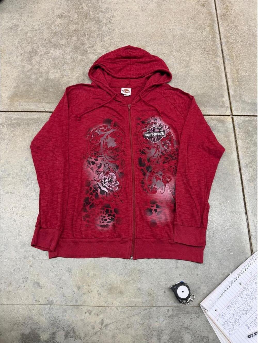 vintage harley davidson red and black zip up lightweight hoodie size xl WOMENS